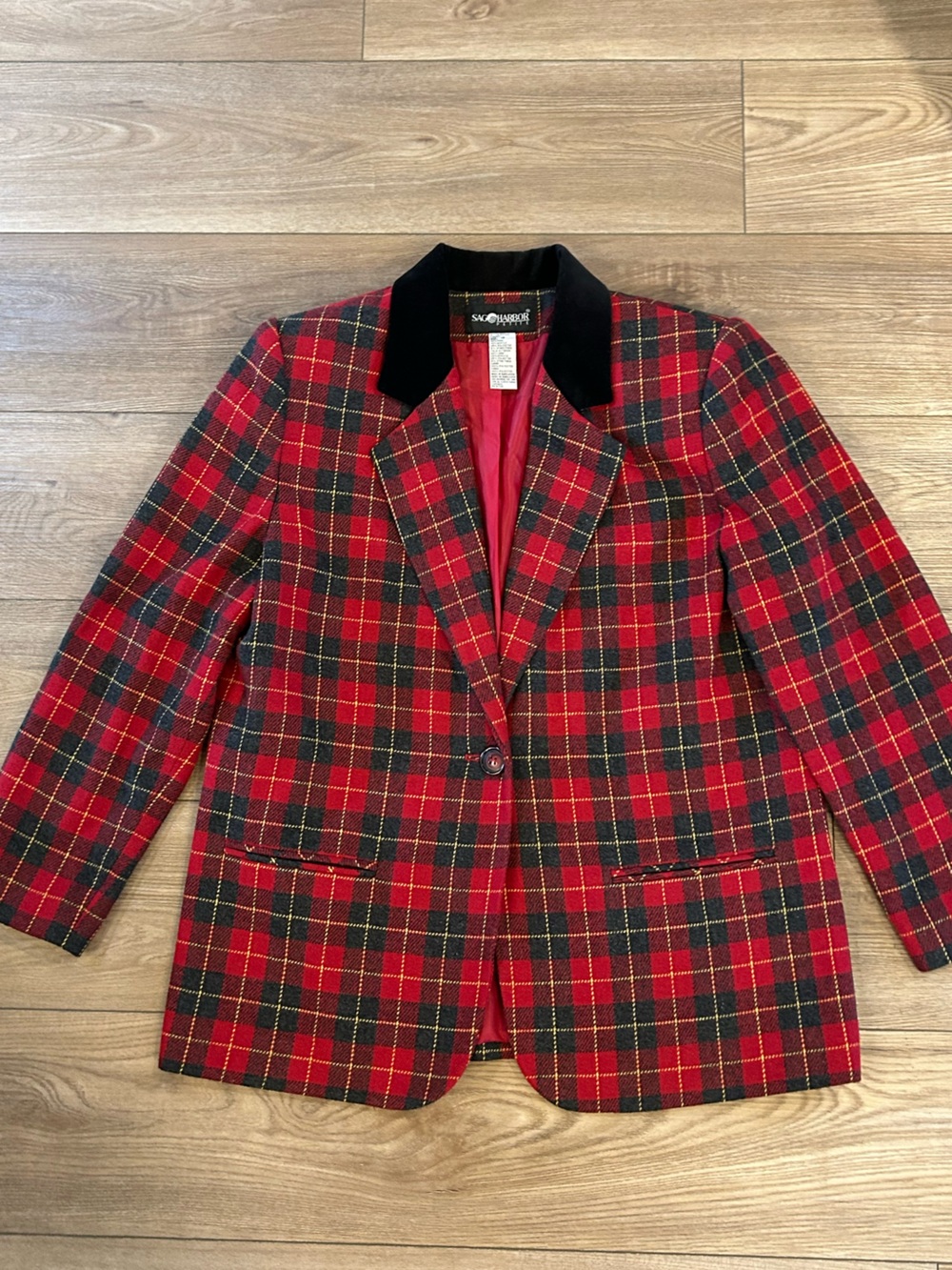Vintage 90s Sag Harbor Petite Plaid Wool Blend Blazer Velvet Collar 12